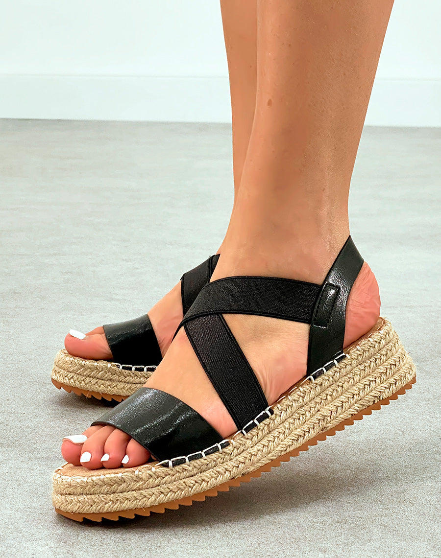 Sandales Femme Noires Bi-matière à Talon Compensé en Corde