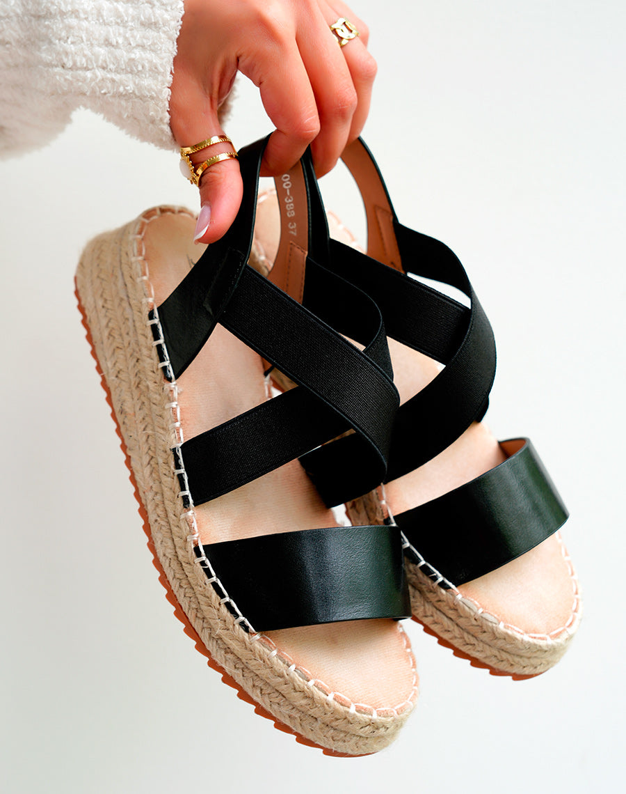 Sandales Femme Noires Bi-matière à Talon Compensé en Corde