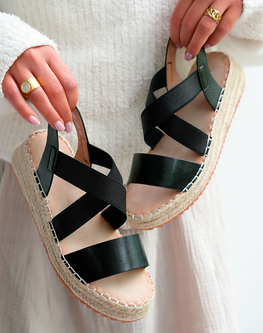 Sandales Femme Noires Bi-matière à Talon Compensé en Corde