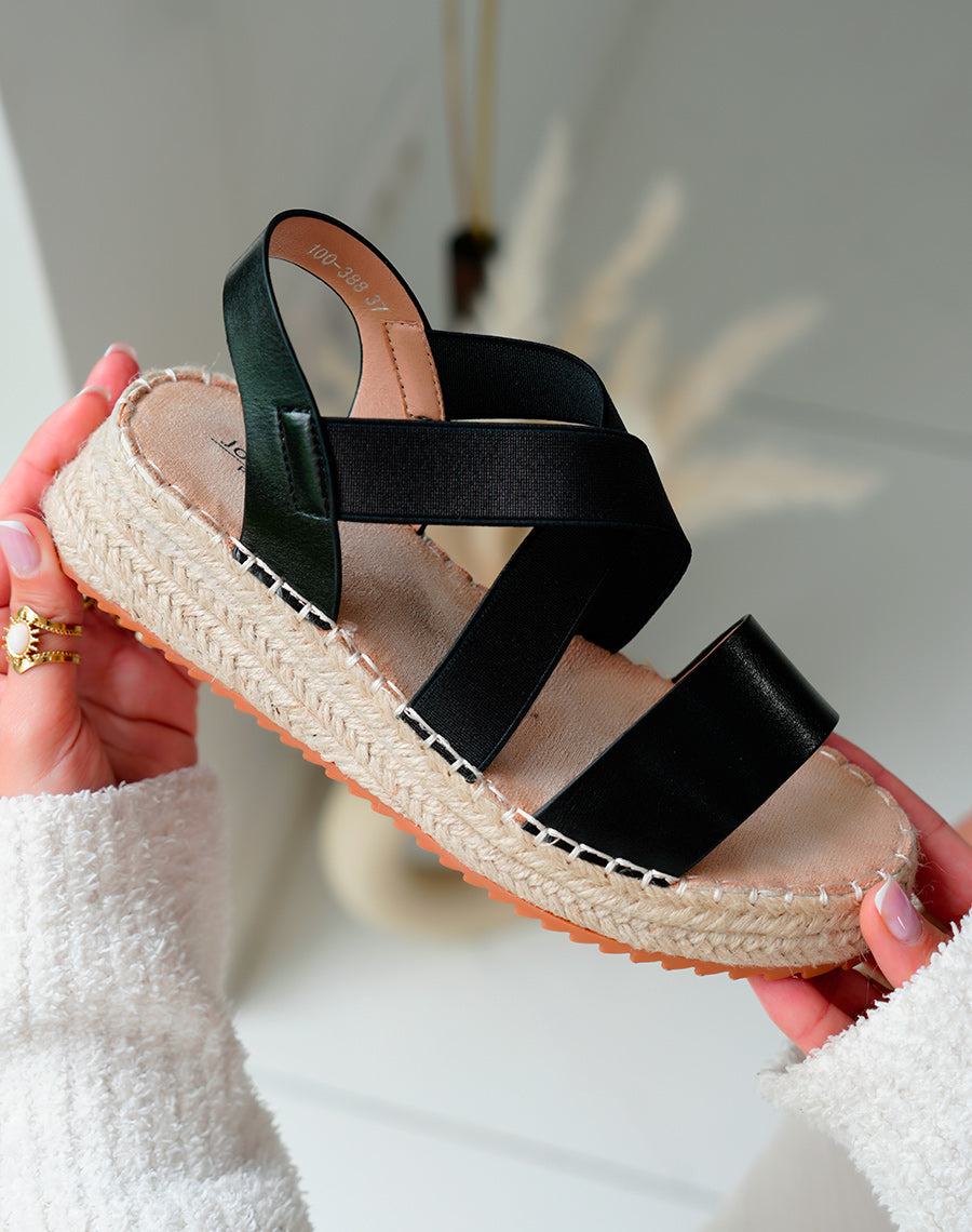 Sandales Femme Noires Bi-matière à Talon Compensé en Corde