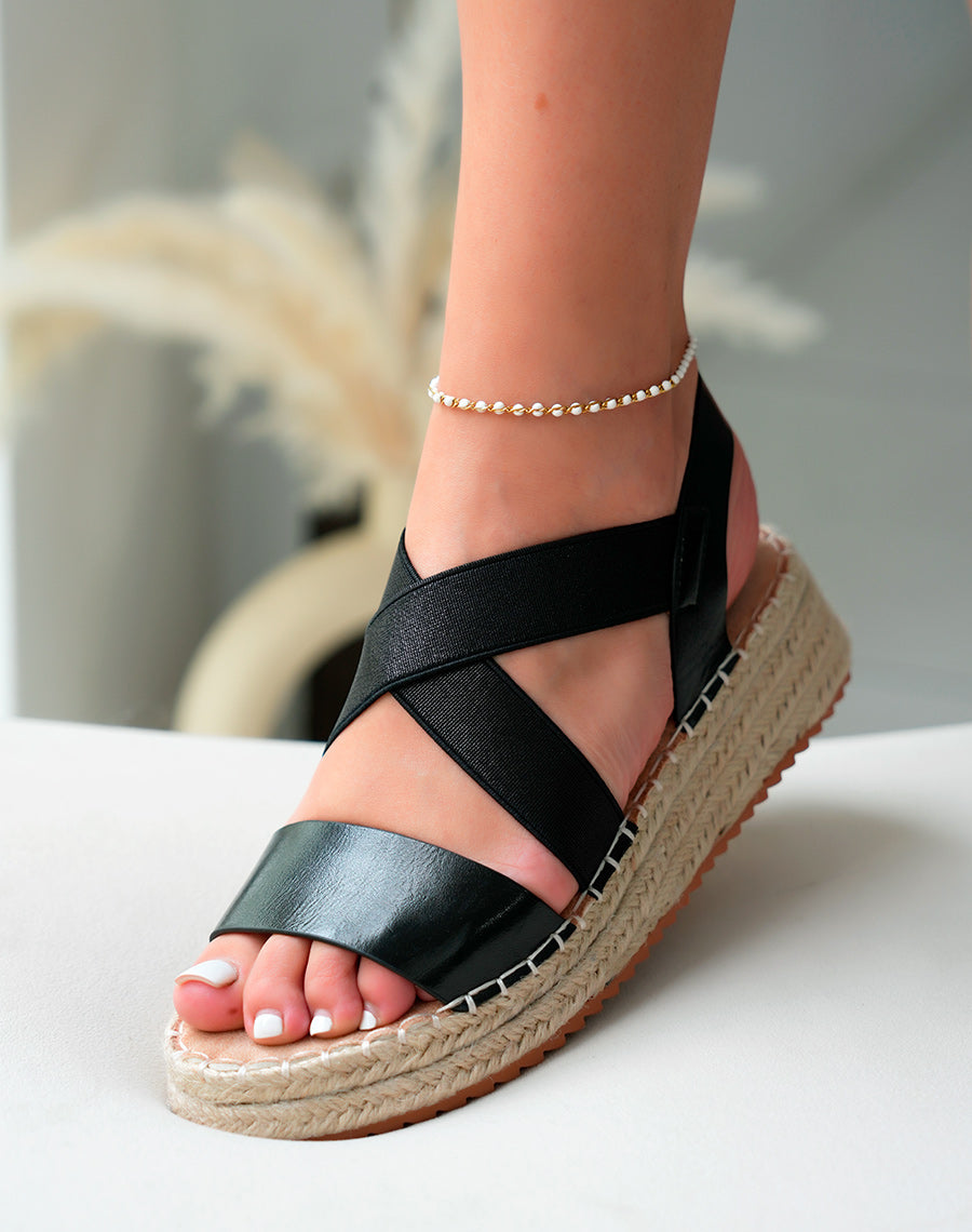 Sandales Femme Noires Bi-matière à Talon Compensé en Corde