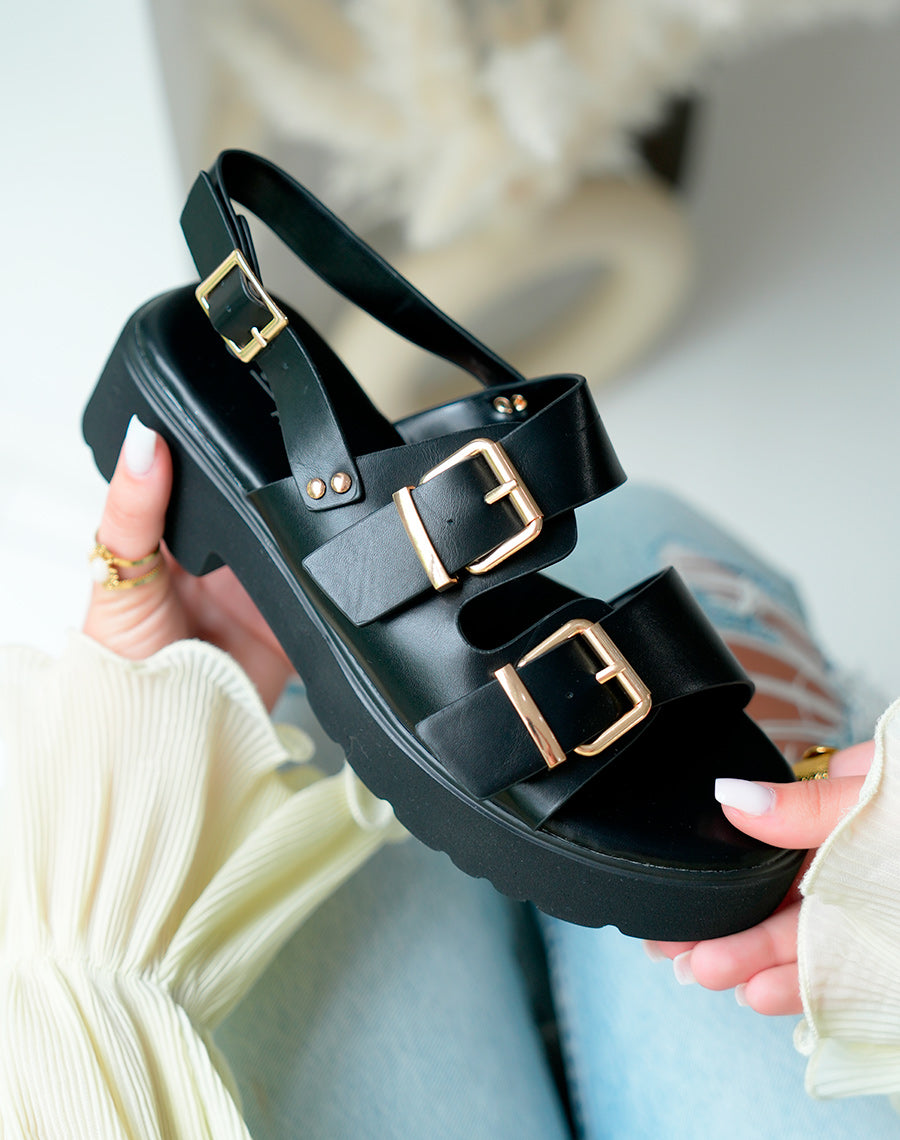 Sandales femme noires à semelle épaisse et détails dorés