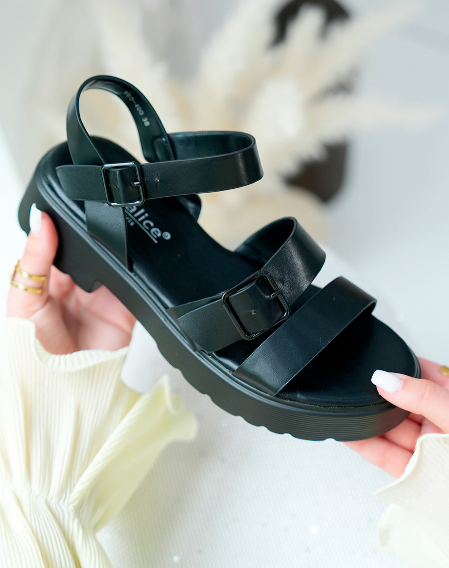Sandales femme noires tendance à plateforme épaisse et double sangle ajustable