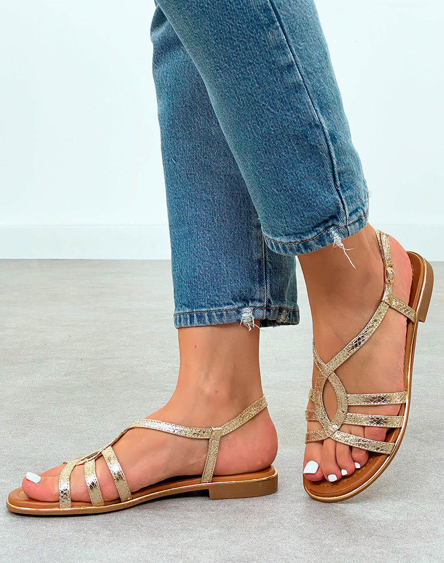 Sandales Femmes dorées à effet serpent et à détail doré