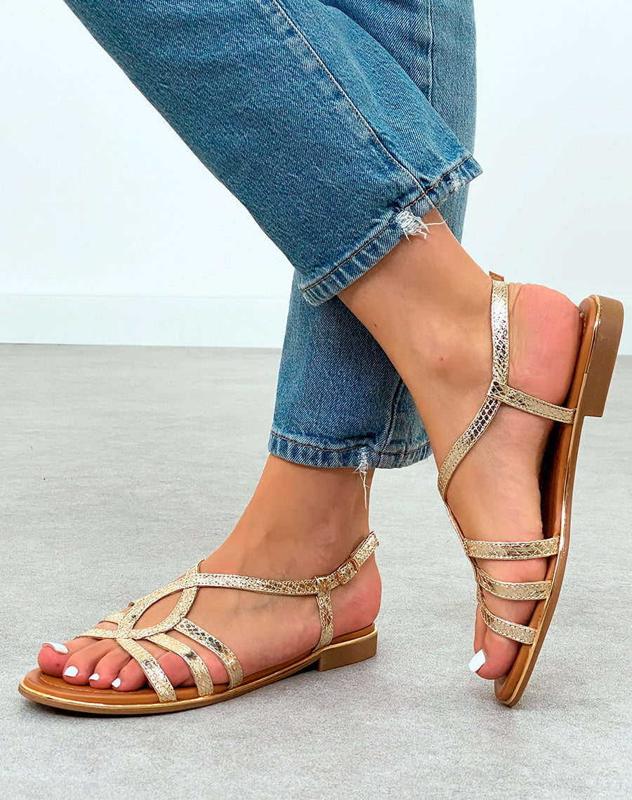 Sandales Femmes dorées à effet serpent et à détail doré