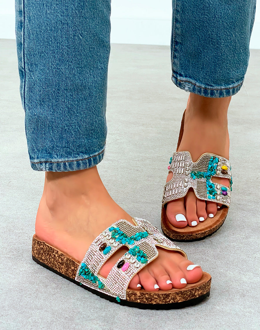 Sandales Mules Femme Argentées Esprit Festif à Strass Multicolores