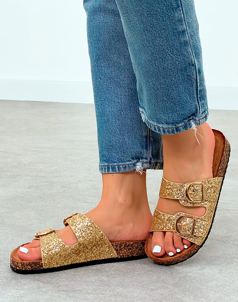 Sandales Mules Femme Dorées Pailletées avec Semelle Confort