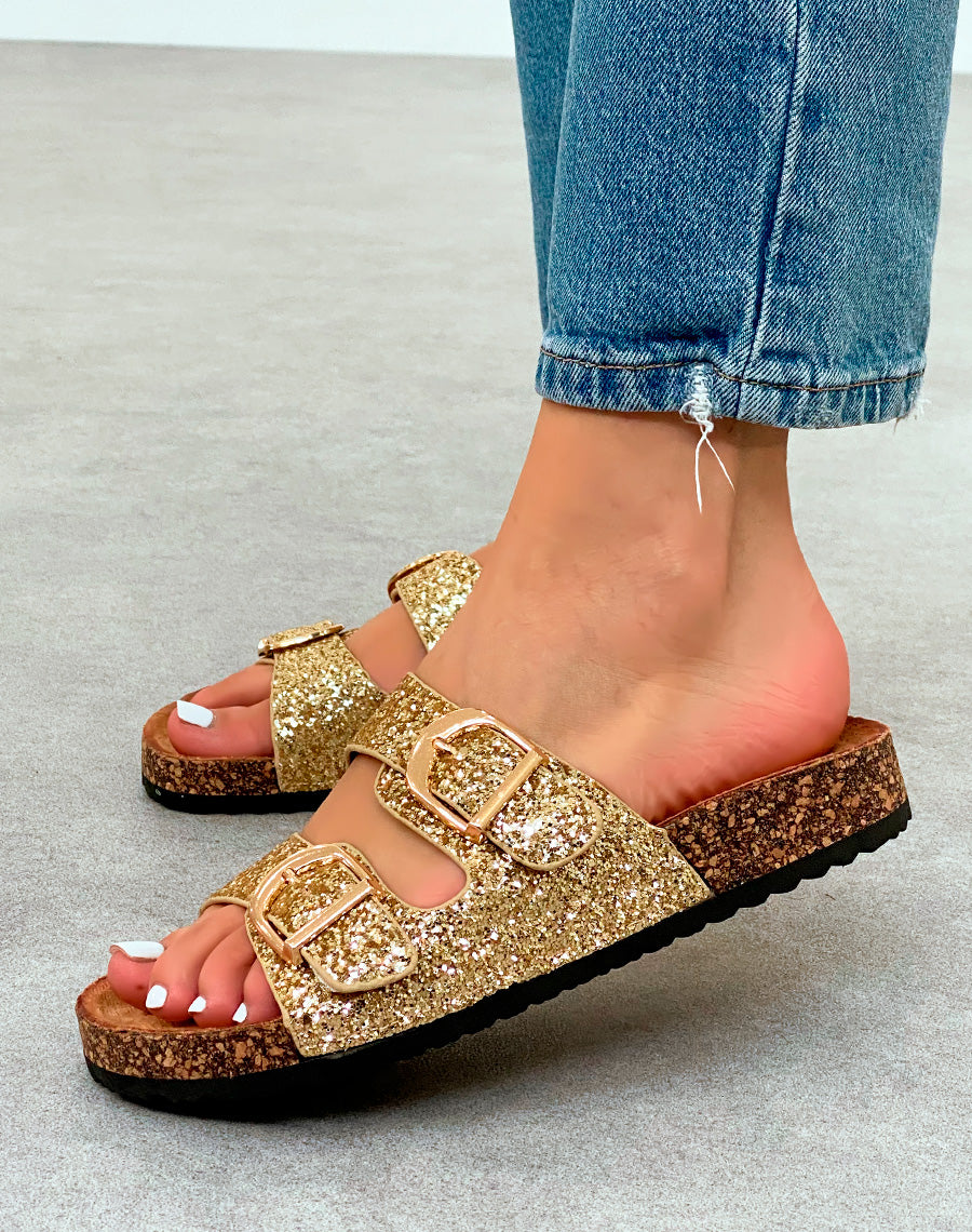 Sandales Mules Femme Dorées Pailletées avec Semelle Confort