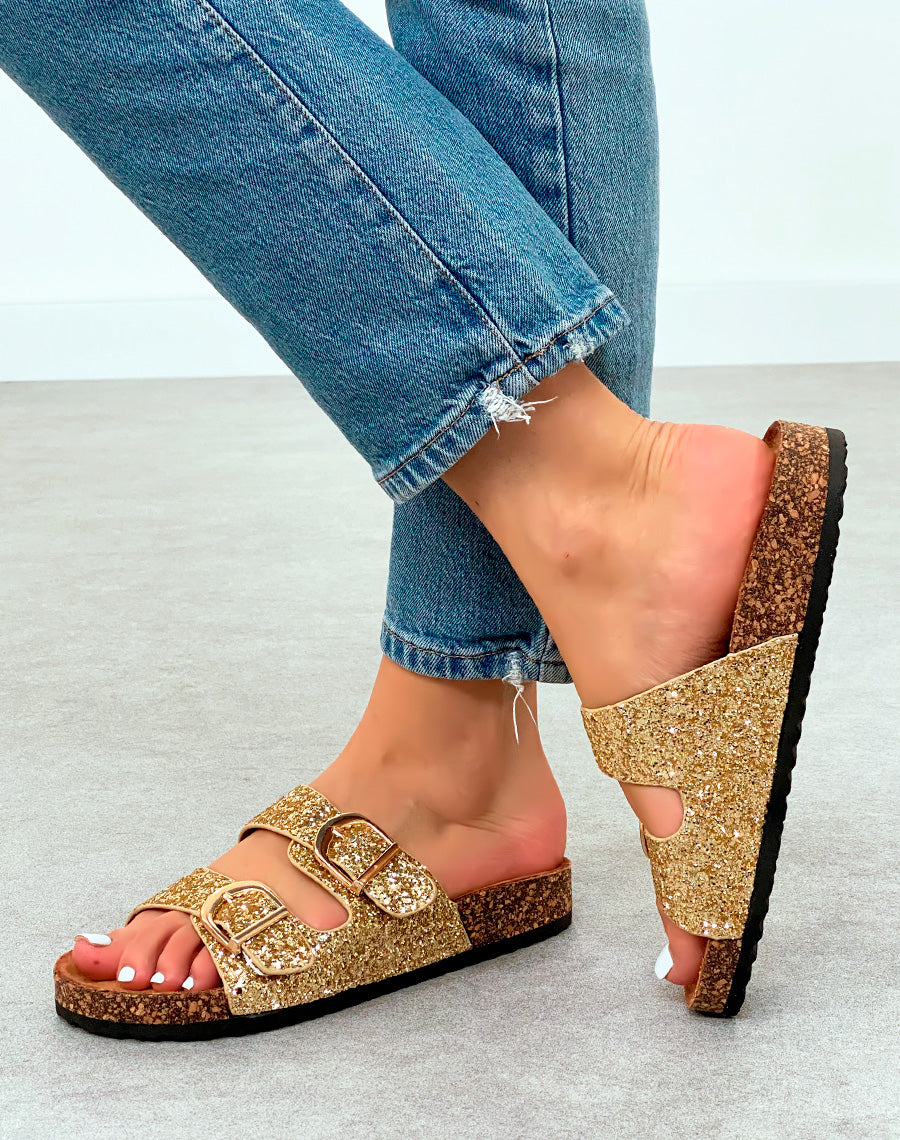 Sandales Mules Femme Dorées Pailletées avec Semelle Confort