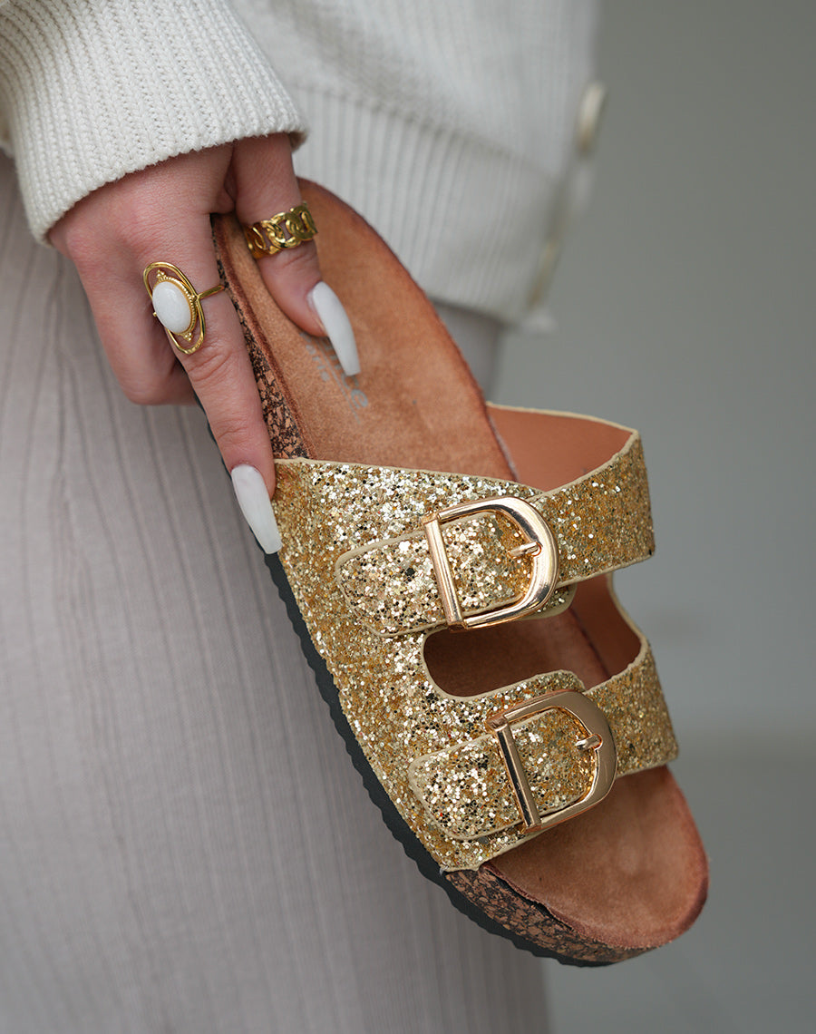 Sandales Mules Femme Dorées Pailletées avec Semelle Confort