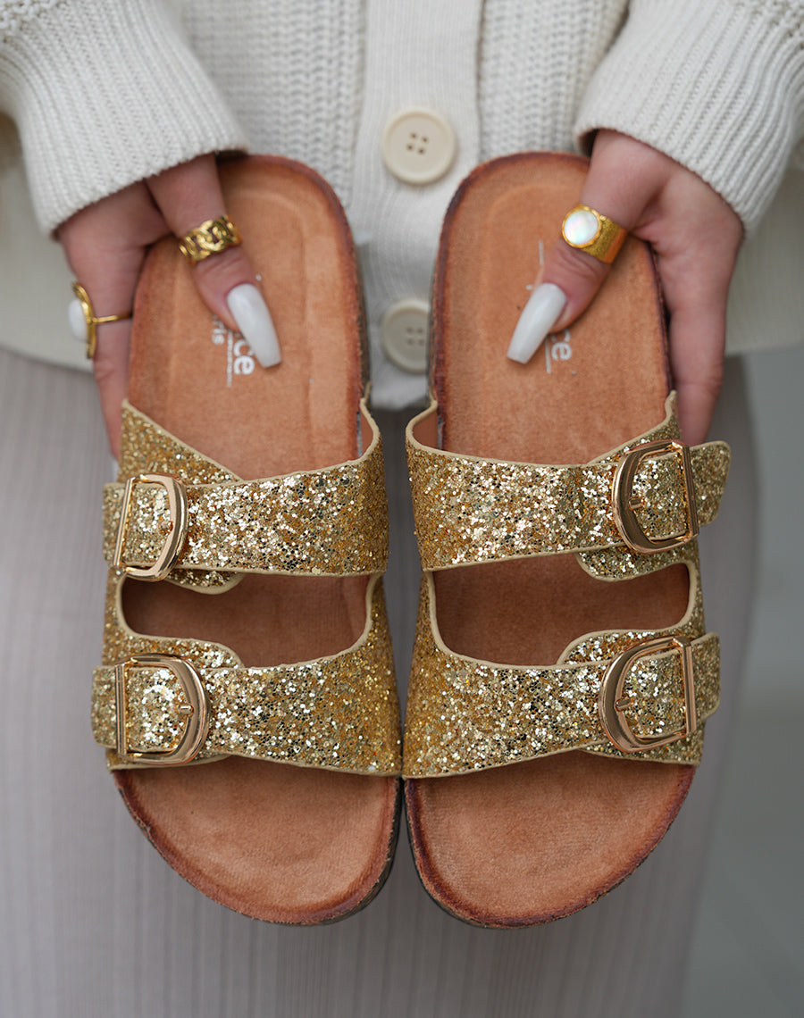 Sandales Mules Femme Dorées Pailletées avec Semelle Confort