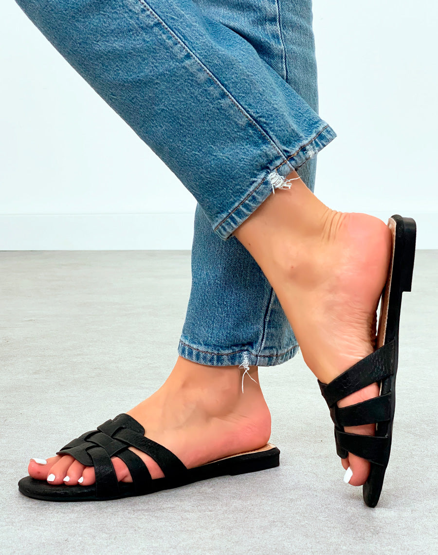 Sandales Mules Femme Noires à Brides Entrecroisées et Effet Croco