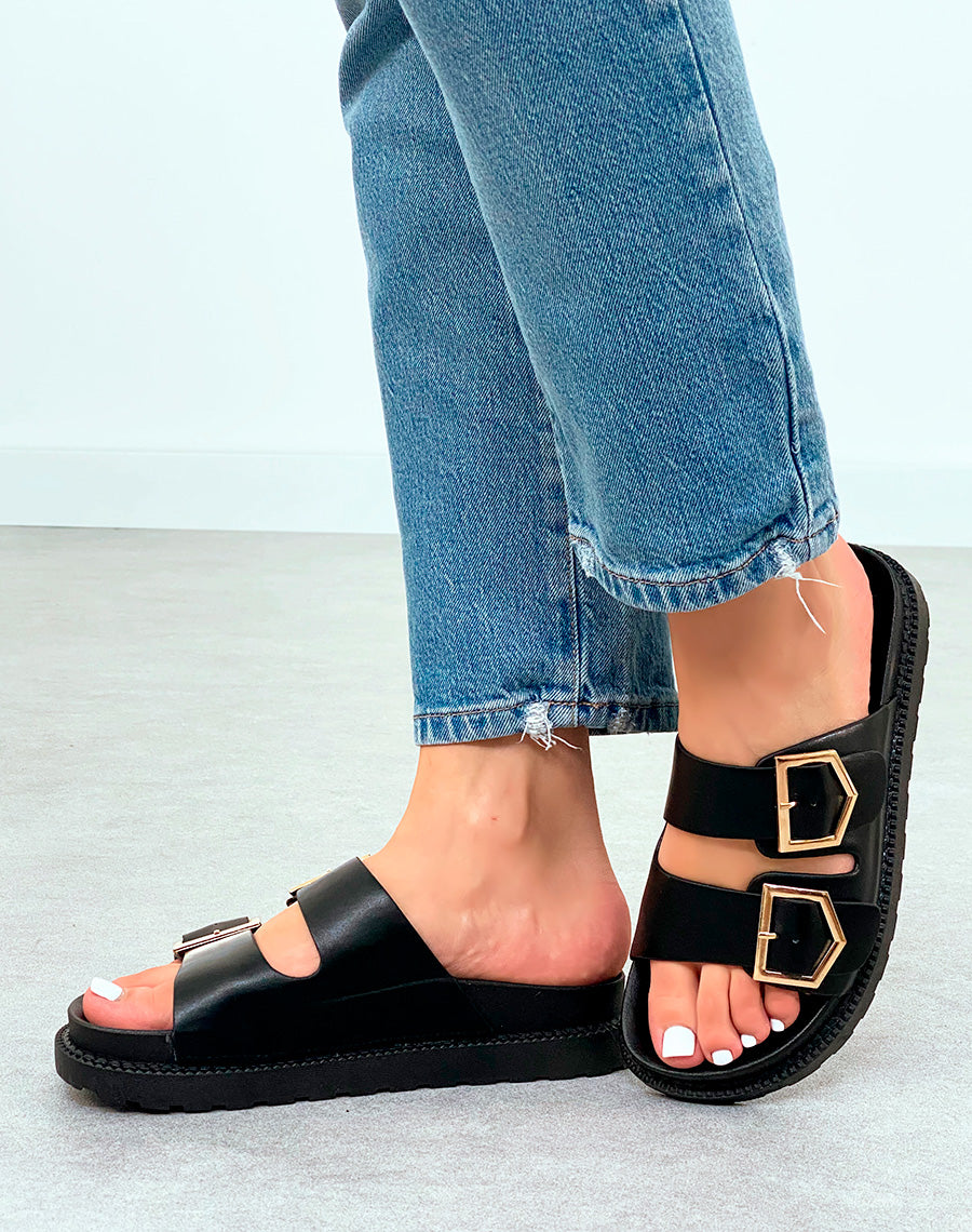Sandales Mules Femme Noires Élégantes à Double Sangle et Détails Dorés