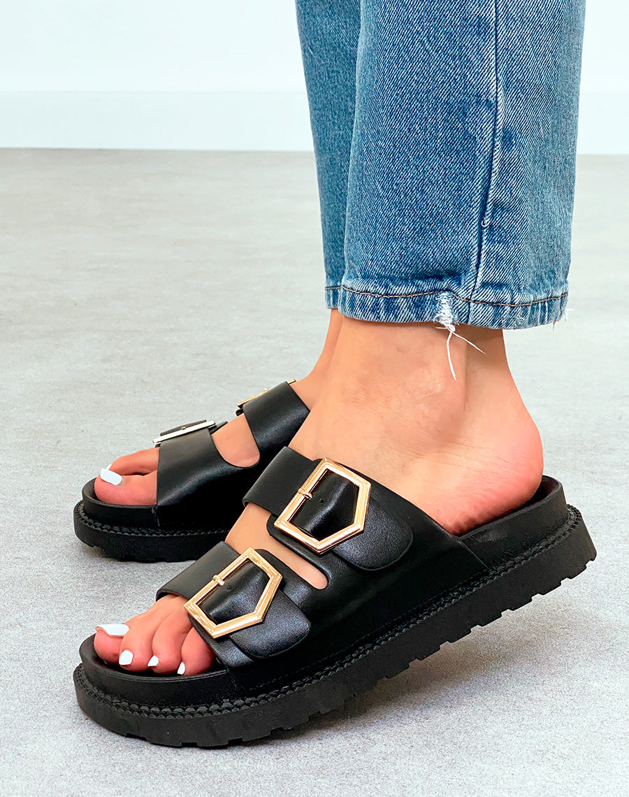 Sandales Mules Femme Noires Élégantes à Double Sangle et Détails Dorés