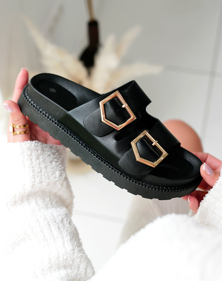 Sandales Mules Femme Noires Élégantes à Double Sangle et Détails Dorés