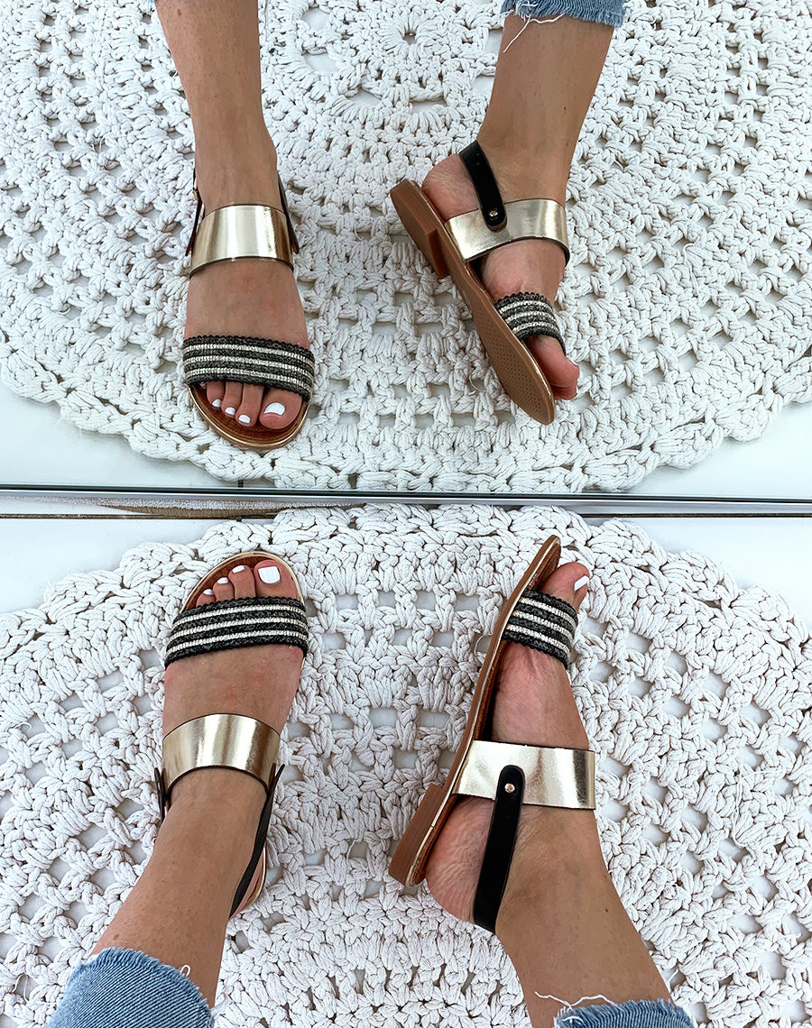 Sandales noires avec grosse bride dorée