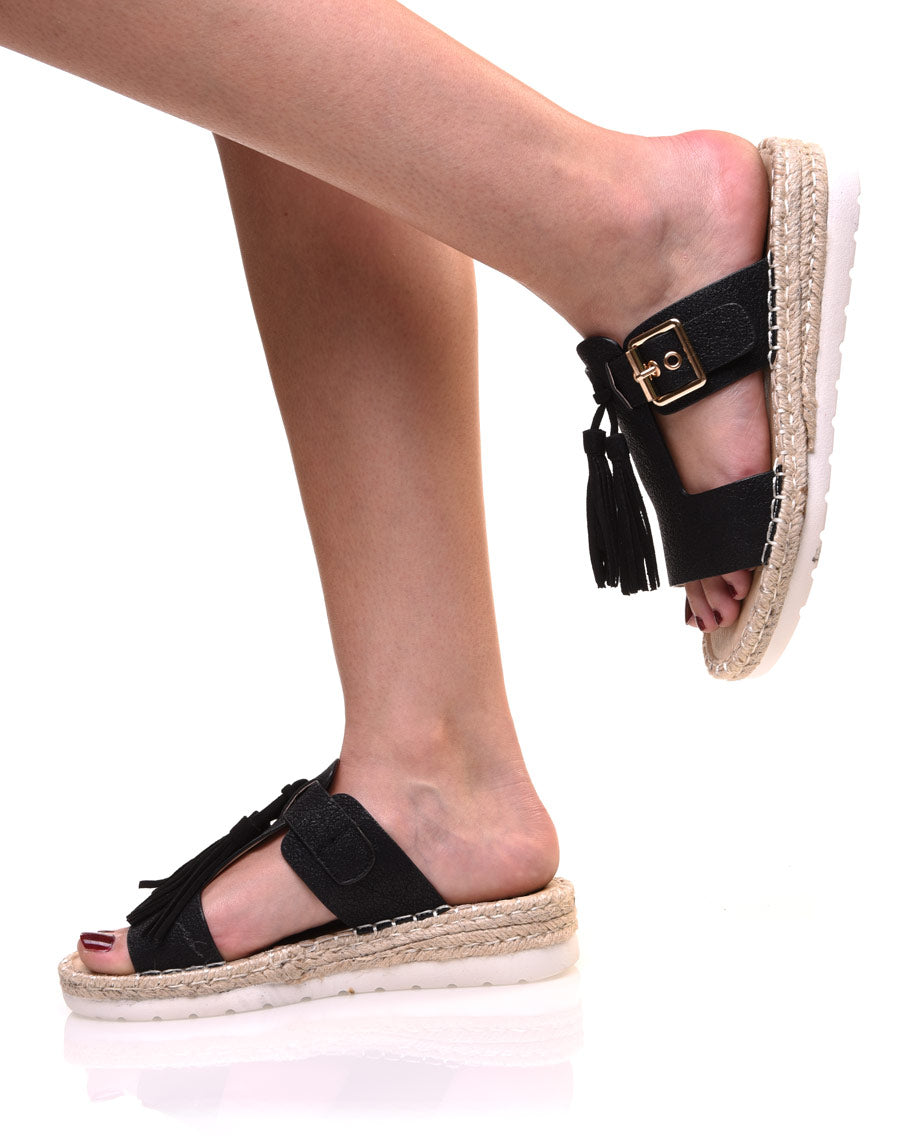 Sandales noires à bride et pompons