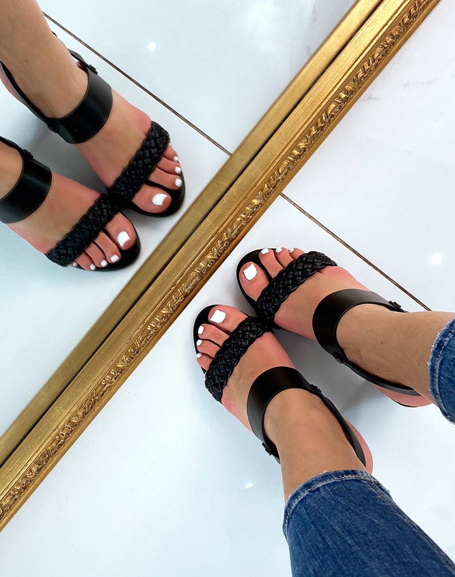 Sandales noires à bride tressé et épaisse