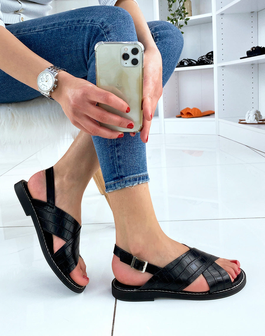 Sandales noires à brides entrecroisées effet croco