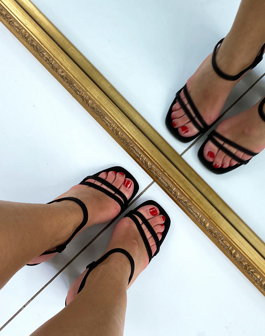 Sandales noires à doubles brides et talon épais et bout carré arrondit