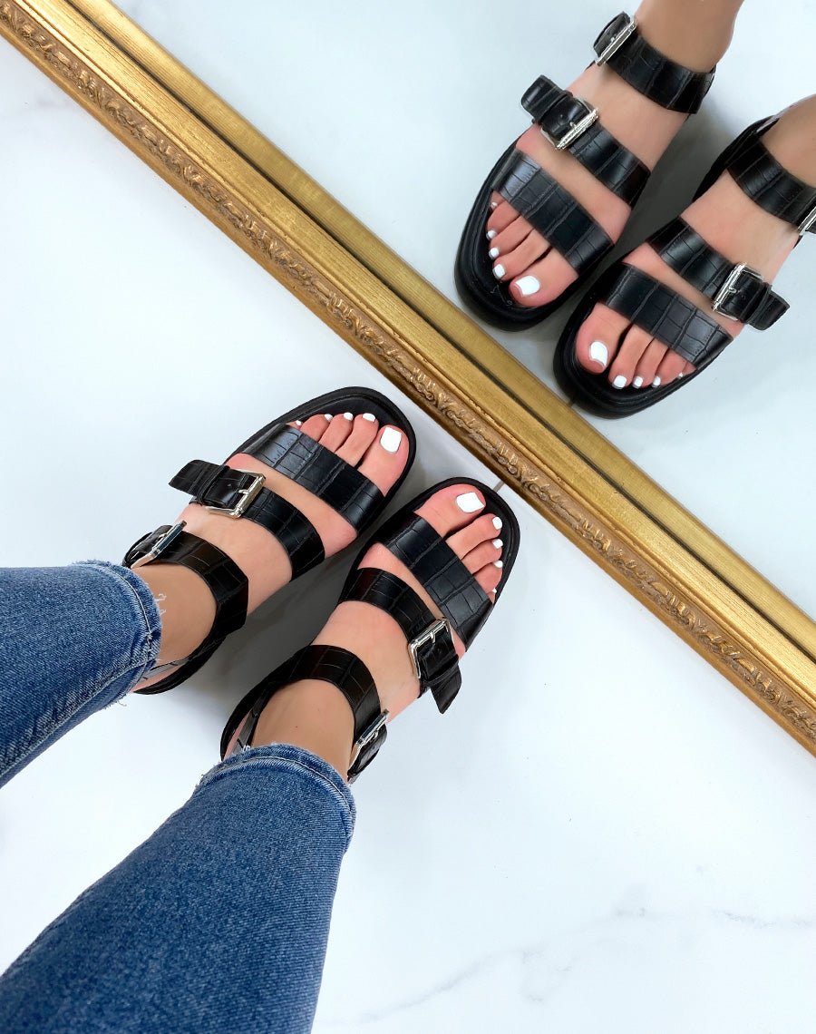 Sandales noires effet croco à multiples brides épaisses et semelle crantée