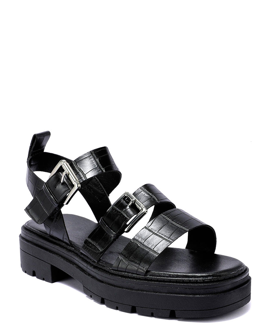 Sandales noires effet croco à multiples brides épaisses et semelle crantée