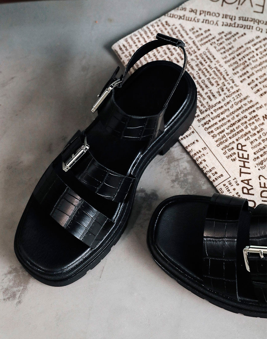 Sandales noires effet croco à multiples brides épaisses et semelle crantée