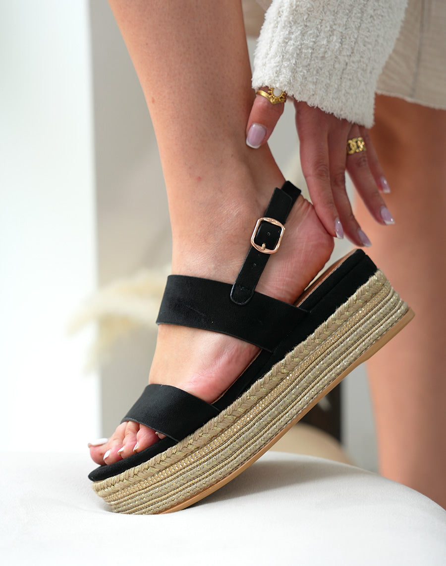 Sandales Noires en Suédine à Plateforme et Détails Dorés - Confort Moderne