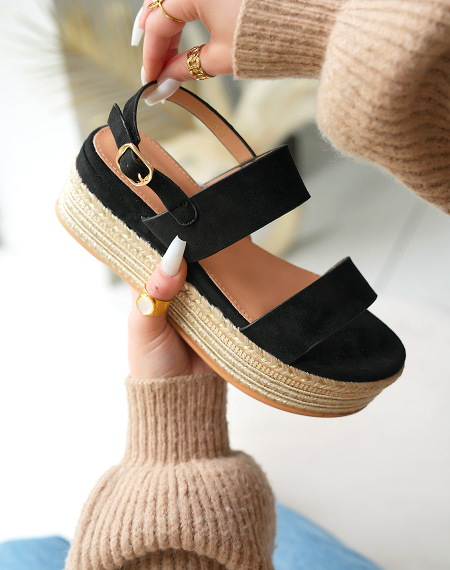 Sandales Noires en Suédine à Plateforme et Détails Dorés - Confort Moderne