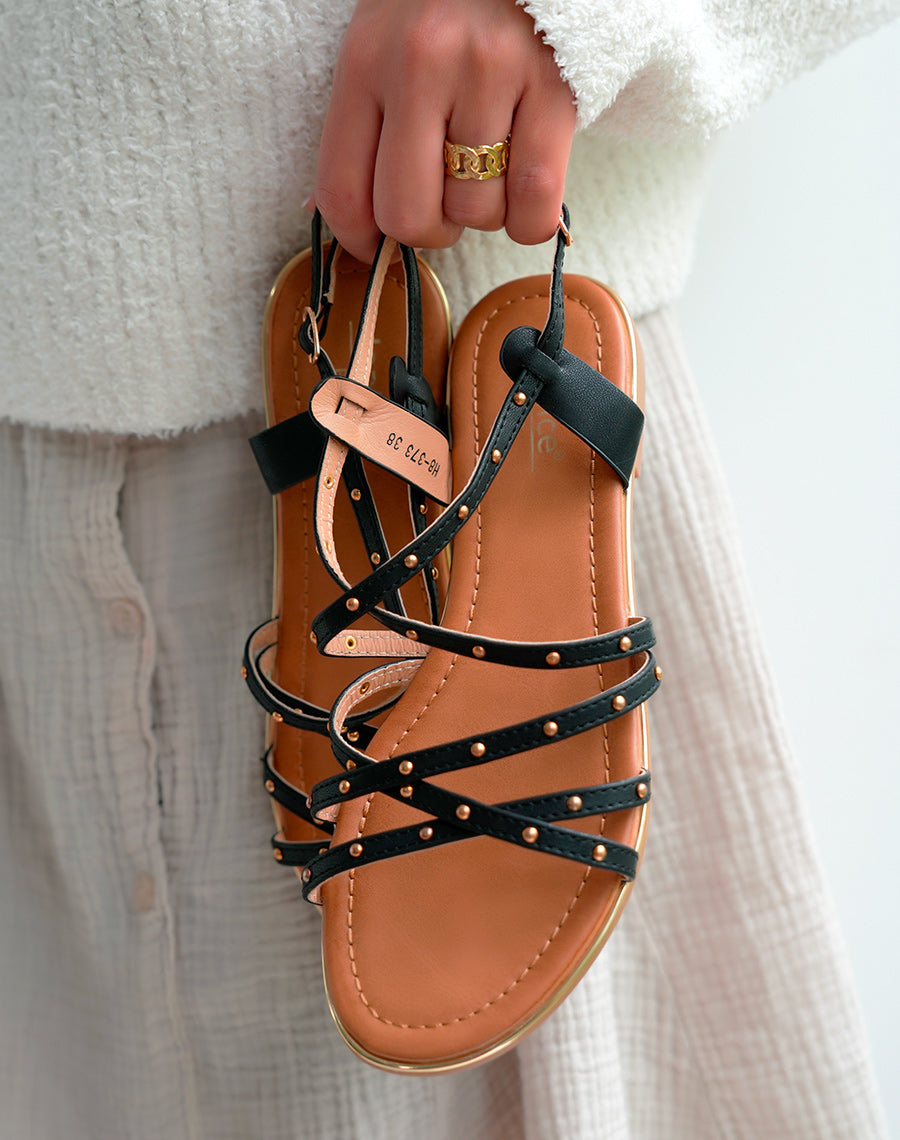 Sandales Noires Femme à lanières entrecroisées cloutées