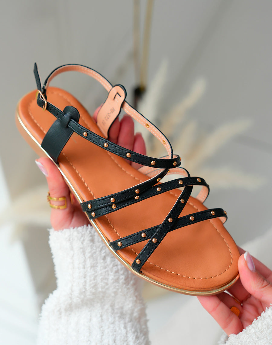 Sandales Noires Femme à lanières entrecroisées cloutées