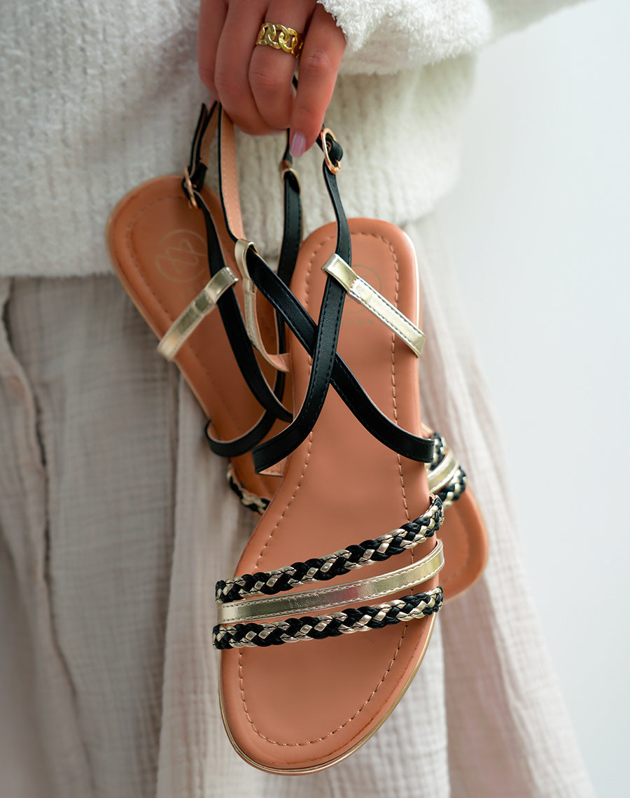 Sandales Noires femme à multiples brides à détail dorée et corde