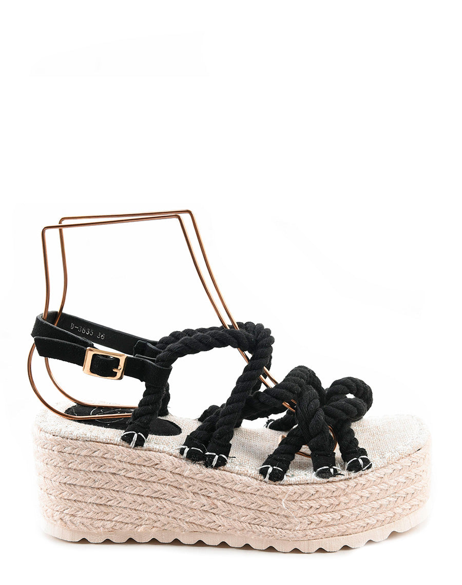 Sandales noires à lanières style corde et semelle épaisse en toile de jute