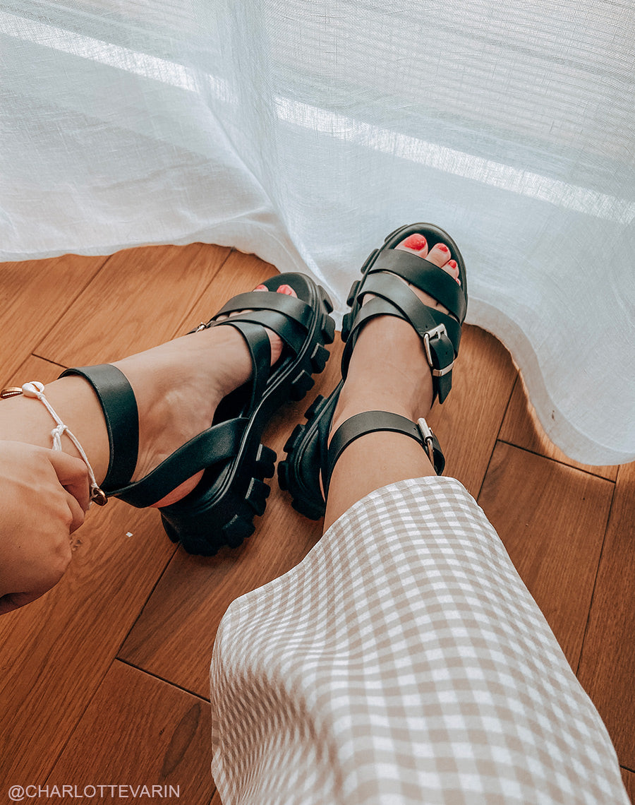 Sandales noires à multiples brides et semelle crantée