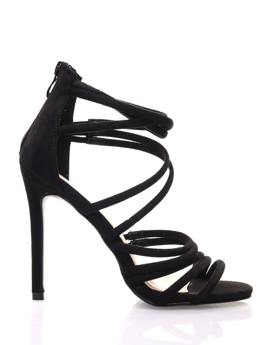 Sandales noires multiples lanières en suédine à talons aiguilles