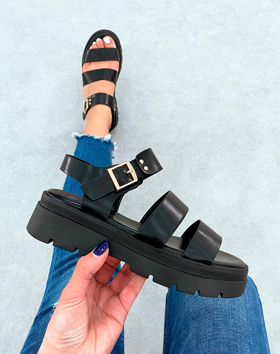 Sandales noires à plateforme crantée et lanières à détail dorée
