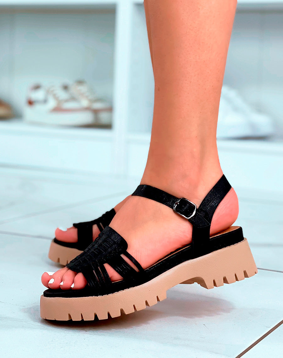 Sandales noires à plateforme et à grosse bride avant