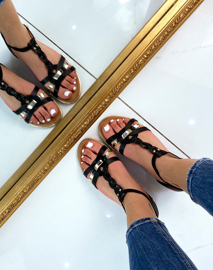 Sandales noires plates à multiples brides tressés et dorées