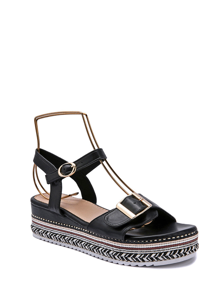Sandales noires à semelle épaisse bride ajustable et motifs aztèques
