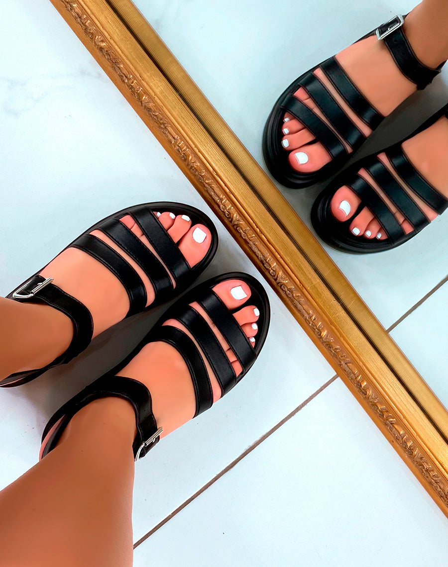 Sandales noires à semelle épaisse et multiples brides