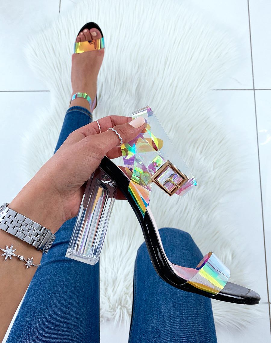Sandales noires à talons transparents et à brides holographiques