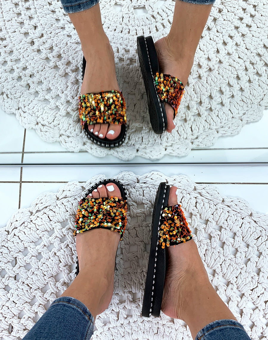 Sandales orange plates à sequins