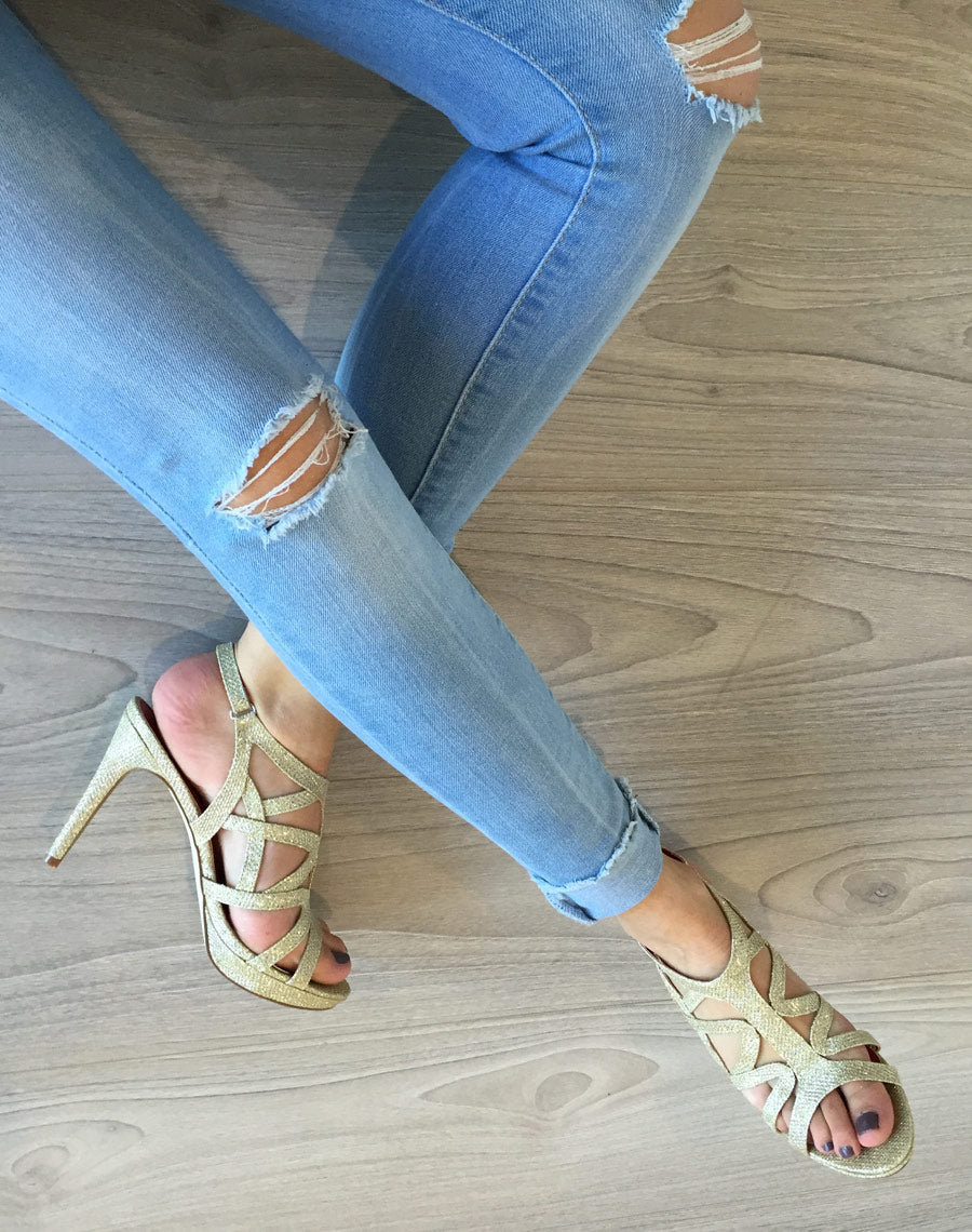 Sandales à paillettes et scratch doré
