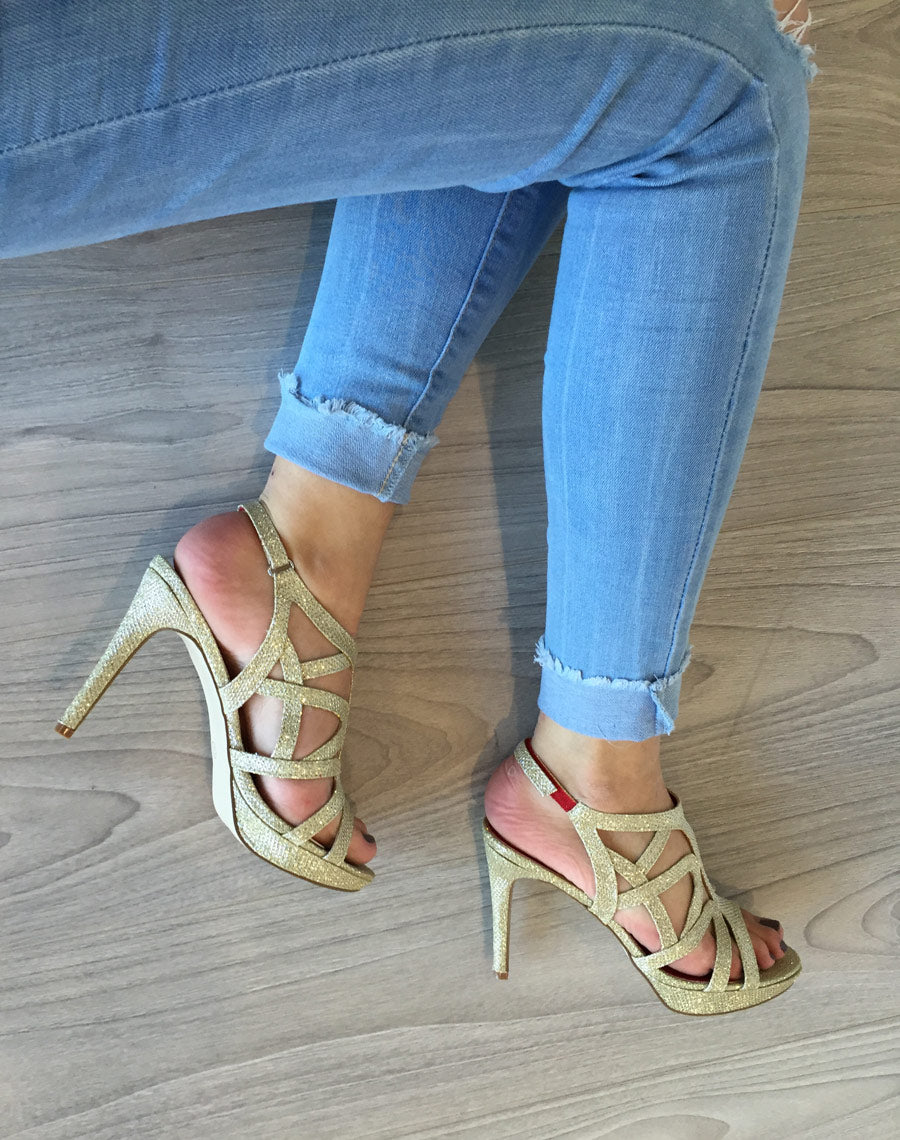 Sandales à paillettes et scratch doré