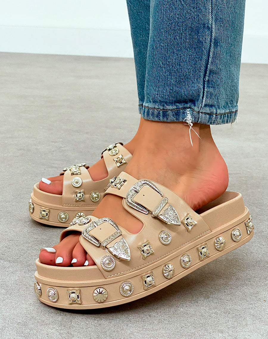 Sandales Plateforme Beiges Femme à Double Sangle Cloutée