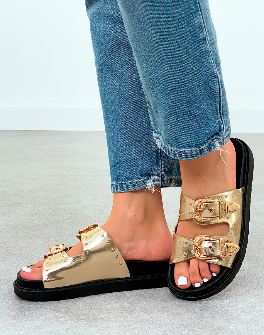 Sandales Plateforme Dorées Femme avec Clous et Sangles Boucle