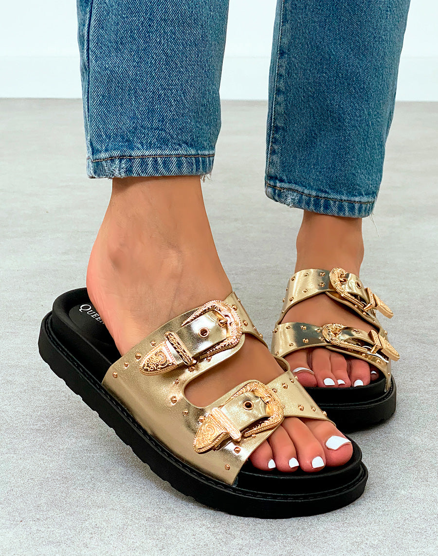 Sandales Plateforme Dorées Femme avec Clous et Sangles Boucle