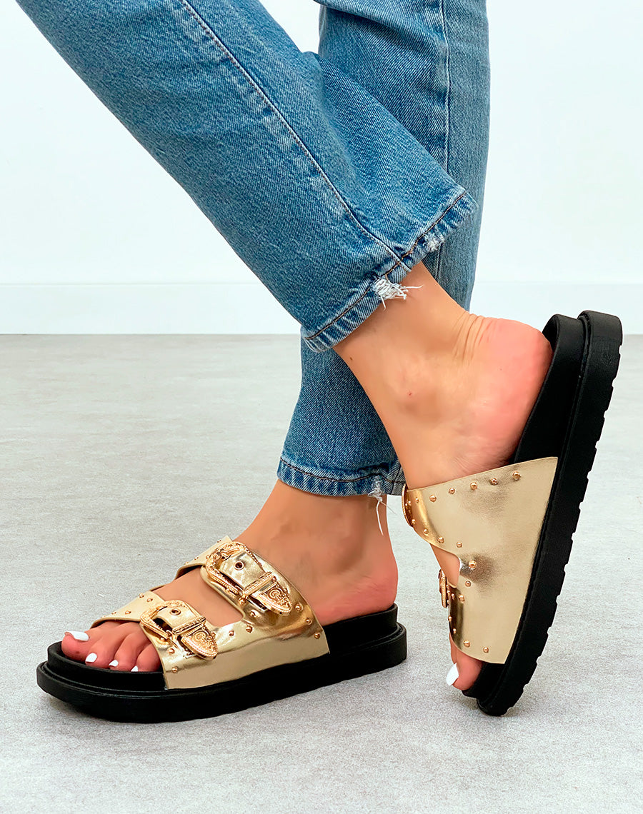 Sandales Plateforme Dorées Femme avec Clous et Sangles Boucle
