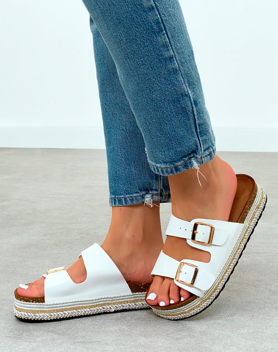 Sandales Plateforme Femme Blanches Tendance à Double Sangle Dorée