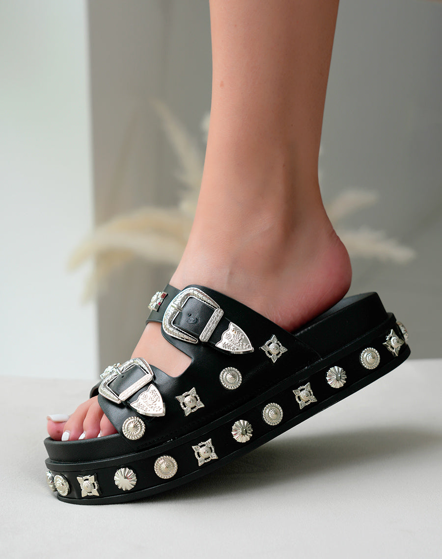 Sandales Plateforme Noires Femme à Double Sangle Cloutée